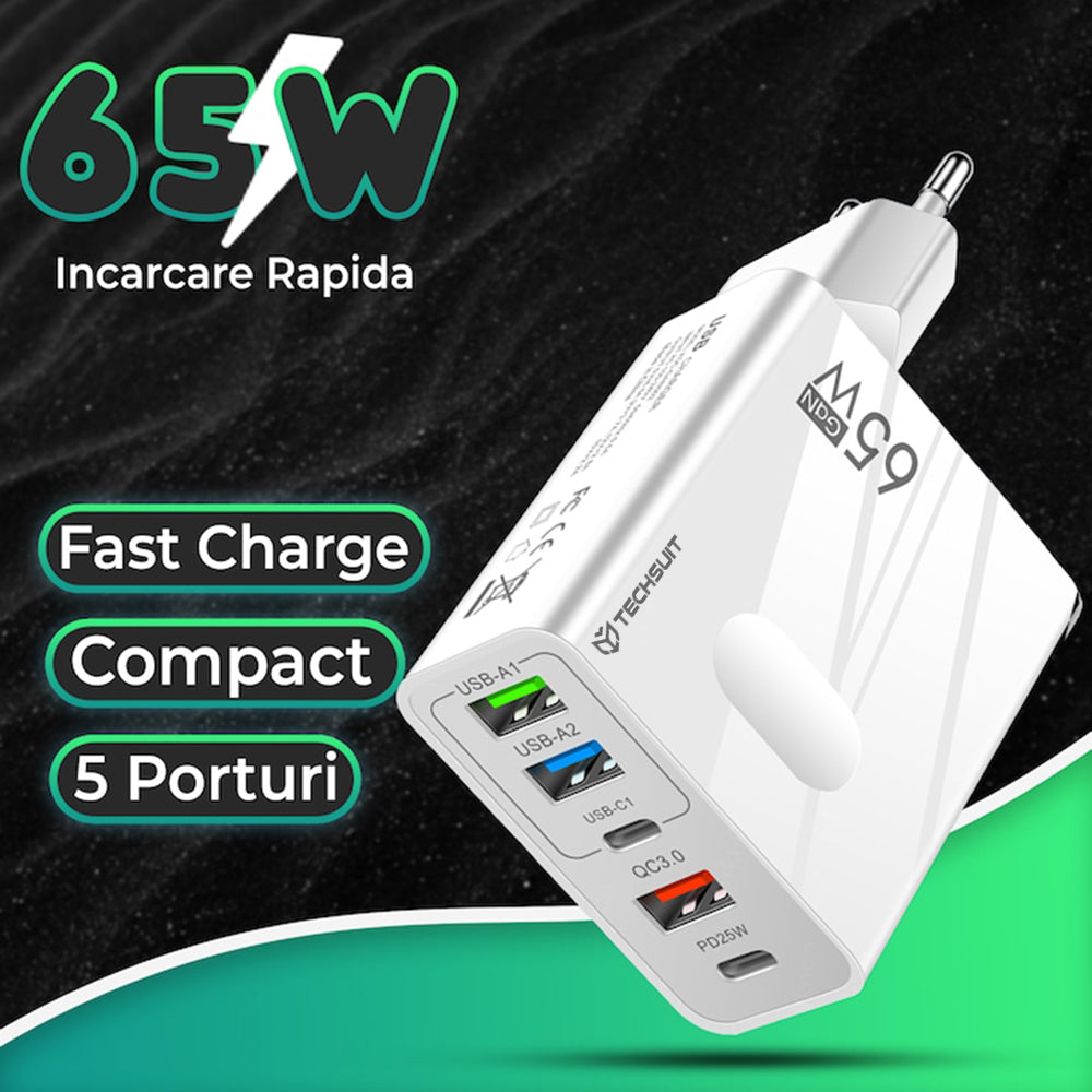 Mrežni punjač s USB-C kabelom Techsuit CHC1 PentaXPower, 25W, 3A, 3 x USB-A - 2 x USB-C, Crni