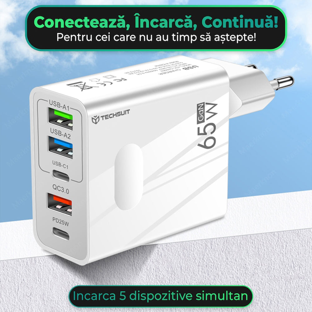 Mrežni punjač s USB-C kabelom Techsuit CHC1 PentaXPower, 25W, 3A, 3 x USB-A - 2 x USB-C, Crni