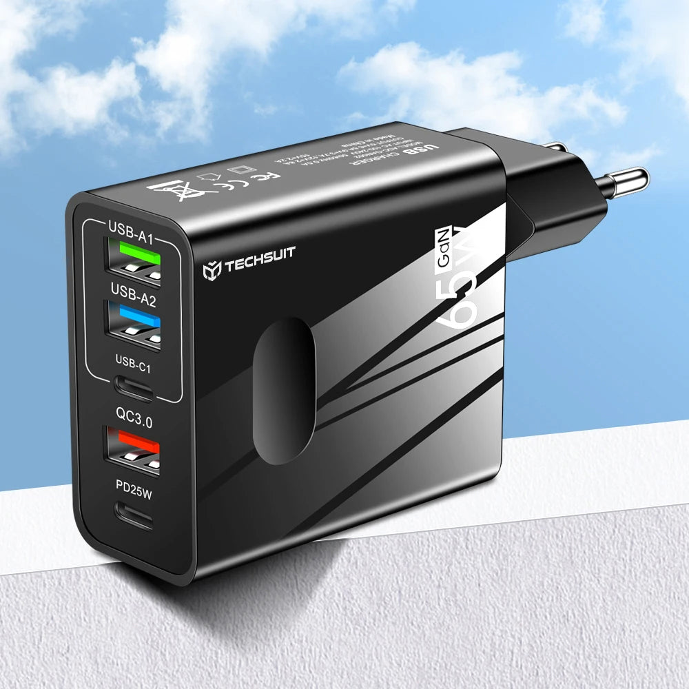 Mrežni punjač s USB-C kabelom Techsuit CHC1 PentaXPower, 25W, 3A, 3 x USB-A - 2 x USB-C, Crni