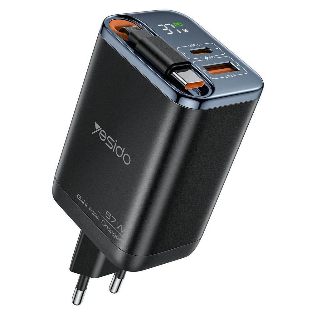 Mrežni punjač s USB-C kabelom Yesido YC100 Display, 67W, 3.35A, 1 x USB-A - 1 x USB-C, Crni