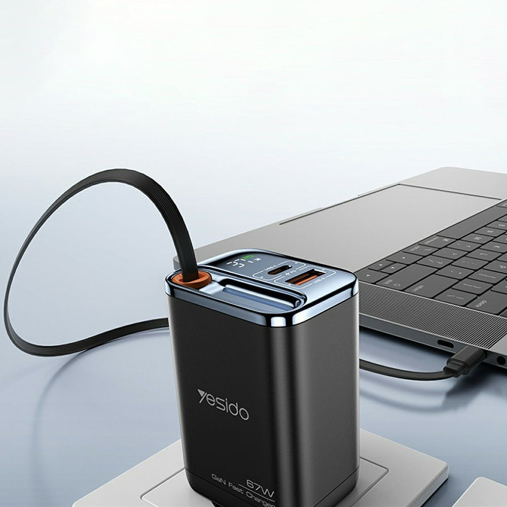 Mrežni punjač s USB-C kabelom Yesido YC100 Display, 67W, 3.35A, 1 x USB-A - 1 x USB-C, Crni
