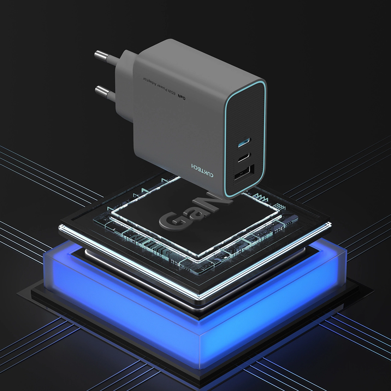 Punjač za mrežu Cuktech, 65W, 3A, 1 x USB-A - 2 x USB-C, Sivi CUKAD653EUGR
