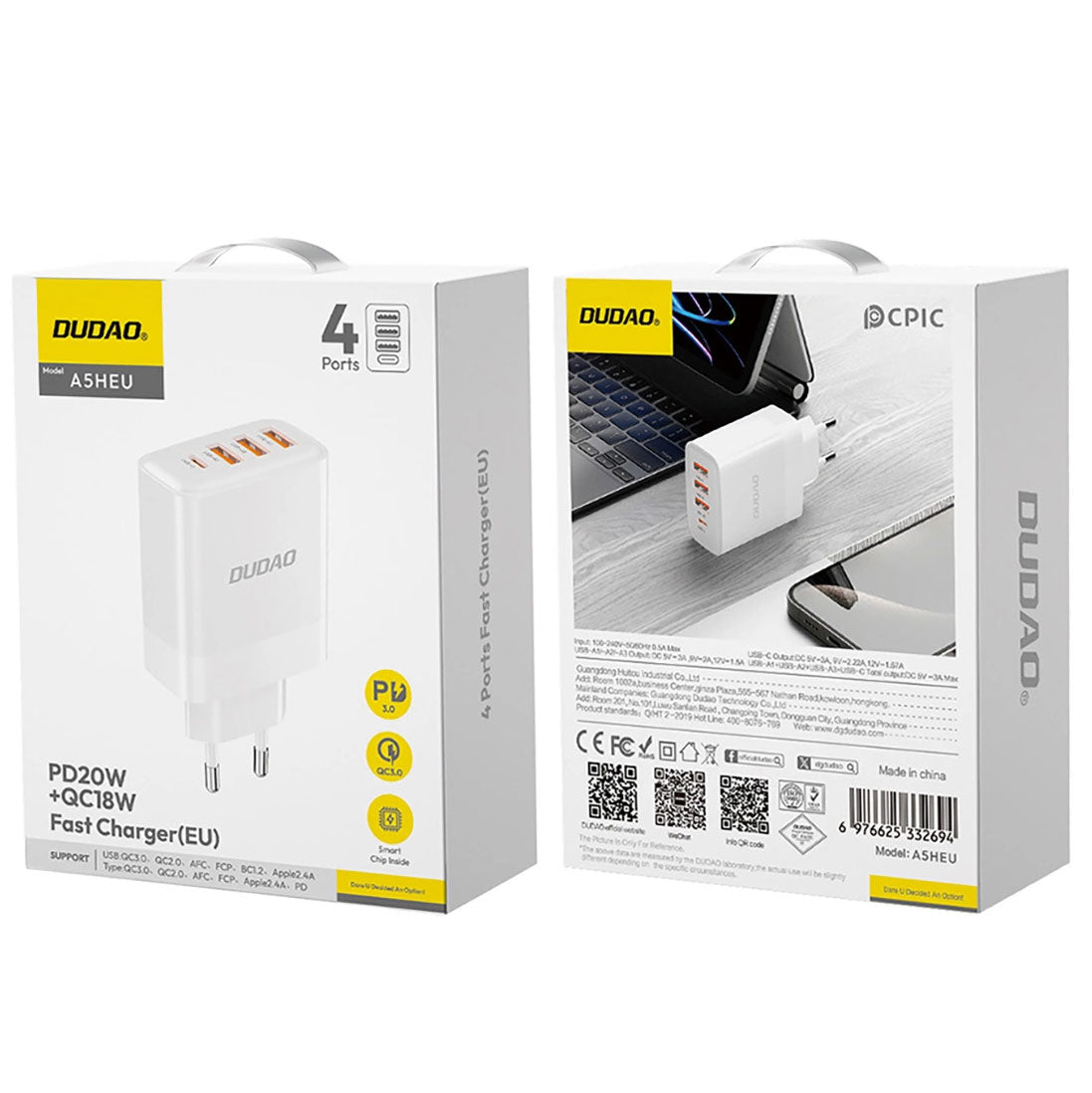Punjač za mrežu Dudao A5HEU, 20W, 3A, 1 x USB-C - 3 x USB-A, Bijeli
