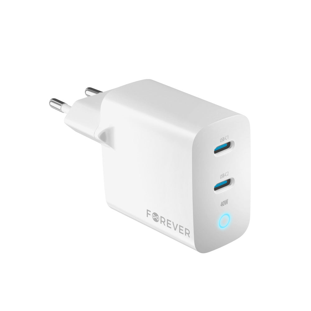 Punjač za mrežu Forever TC-06-40CC, 40W, 3A, 2 x USB-C, Bijeli
