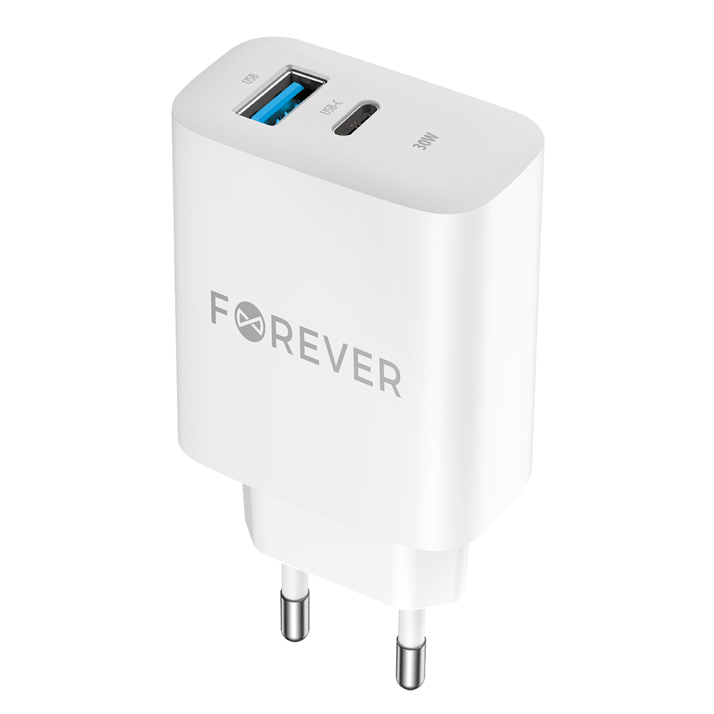 Mrežni punjač Forever TC-07-30AC, 30W, 3A, 1 x USB-A - 1 x USB-C, Bijeli