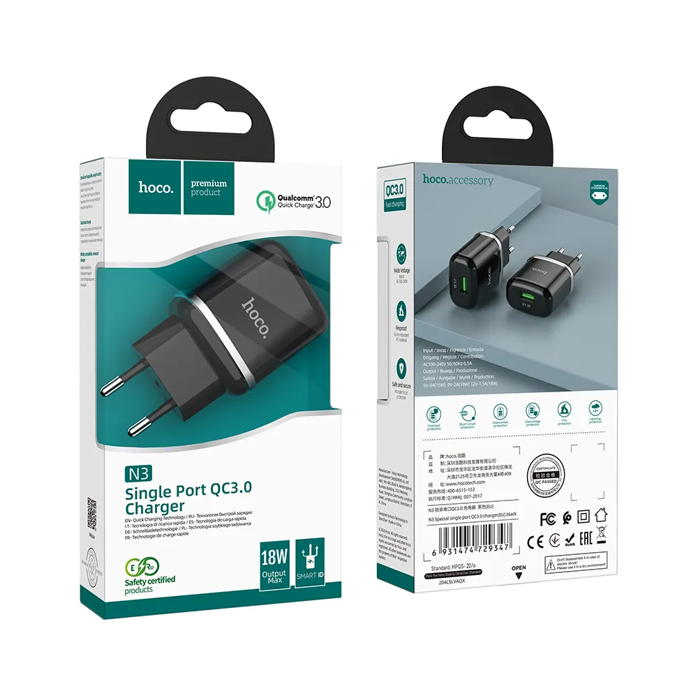 Punjač za mrežu HOCO N3, 18W, 3A, 1 x USB-A, Crni
