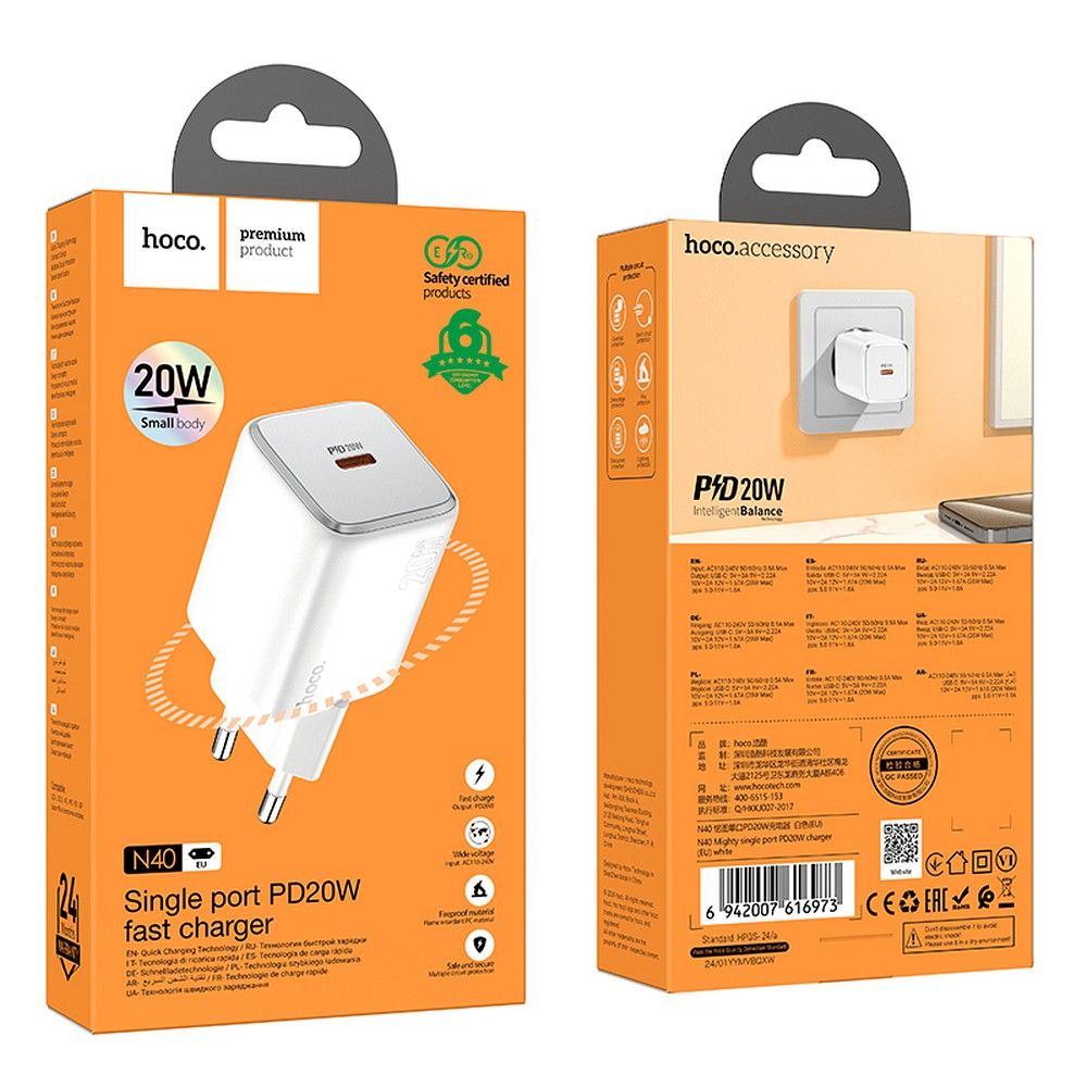 Punjač za mrežu HOCO N40, 20W, 3A, 1 x USB-C, Bijeli