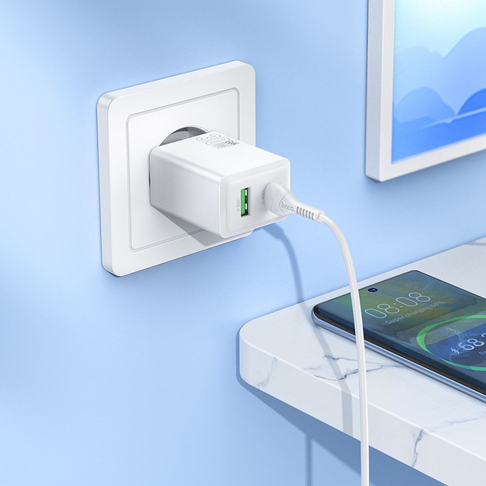 Punjač za mrežu HOCO N71, 30W, 3A, 1 x USB-A - 1 x USB-C, Bijeli