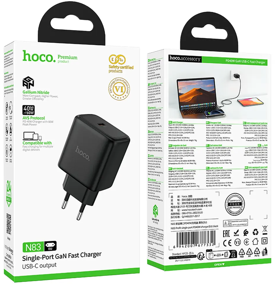 Punjač za mrežu HOCO N83, 40W, 3A, 1 x USB-C, Crni