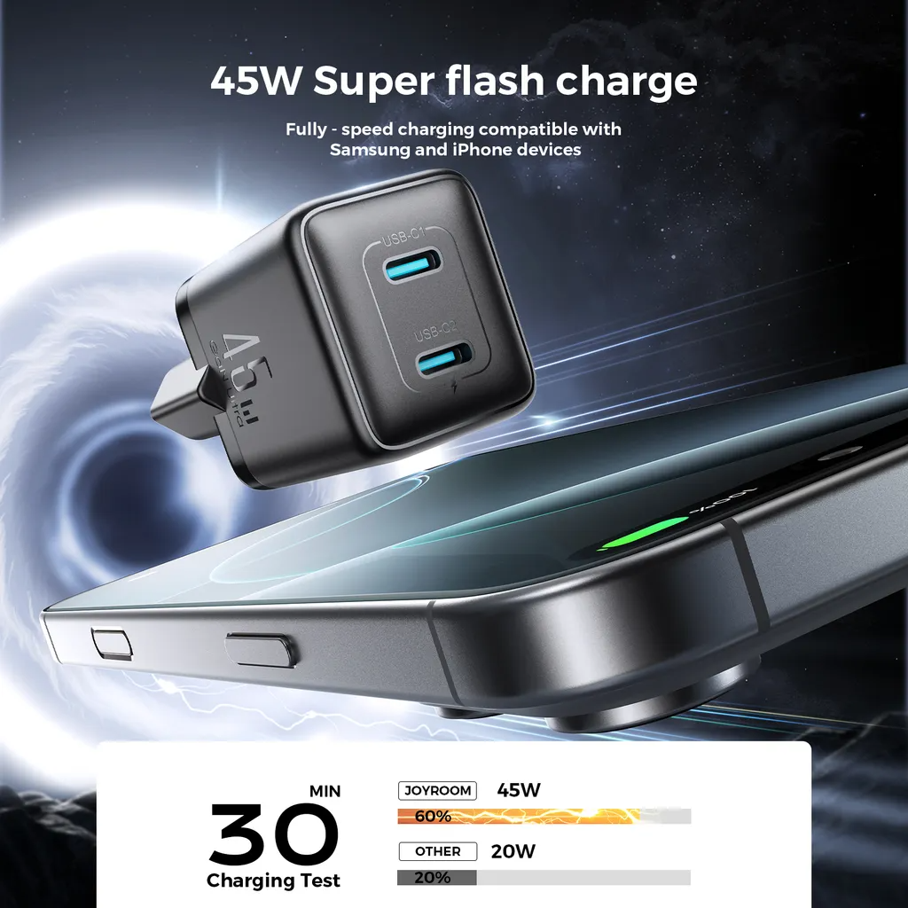 Punjač mreže Joyroom JR-TCG17, 45W, 3A, 2 x USB-C, Crni