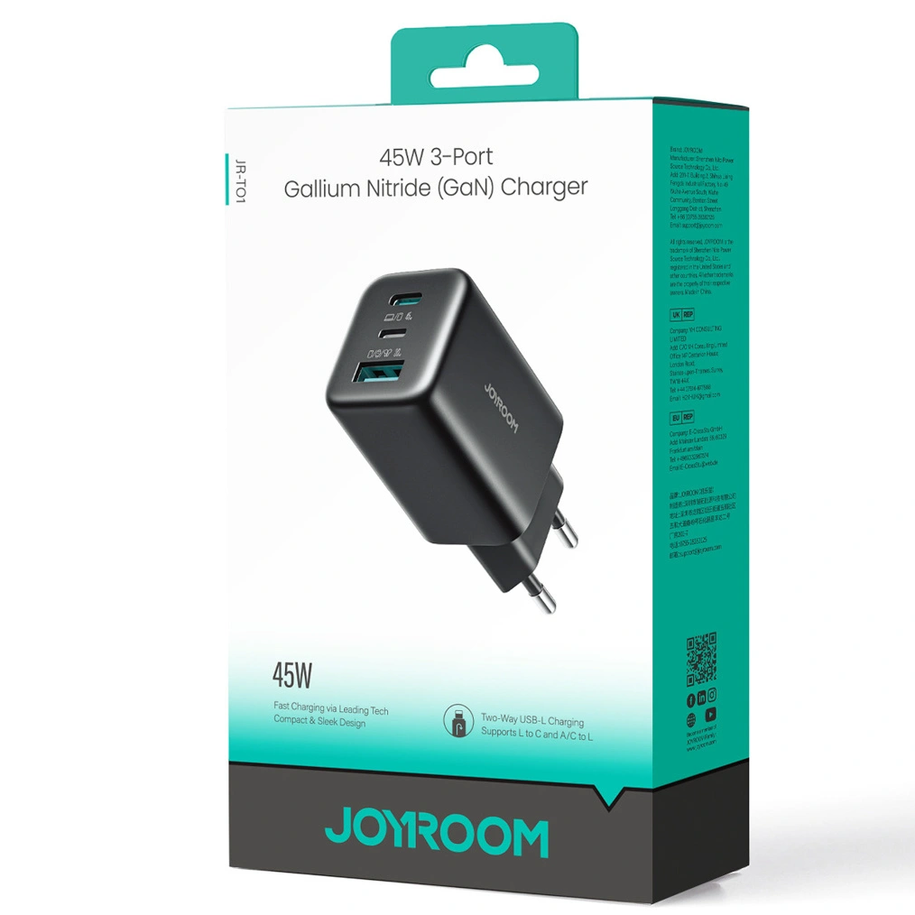 Punjač za mrežu Joyroom JR-TO1, 45W, 3A, 1 x Lightning - 1 x USB-A - 1 x USB-C, Crna