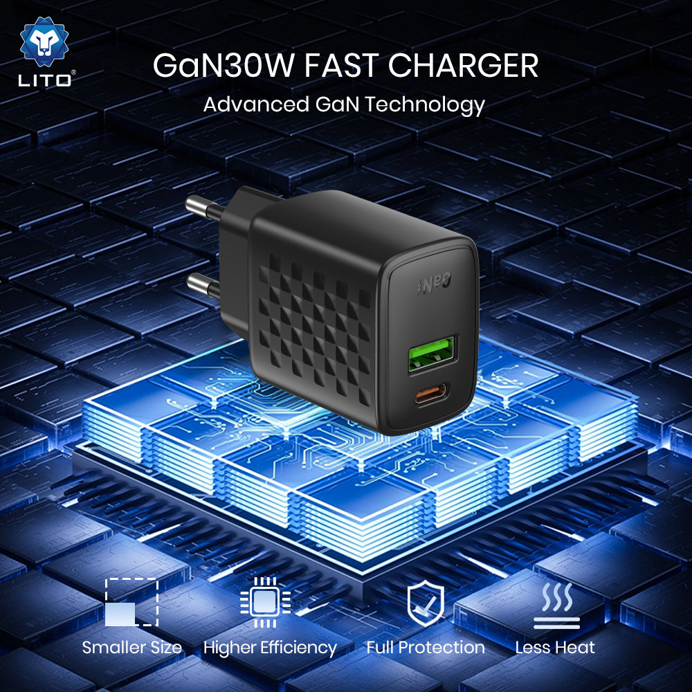 Punjač mreže Lito LC19, 30W, 3A, 1 x USB-A - 1 x USB-C, Crni