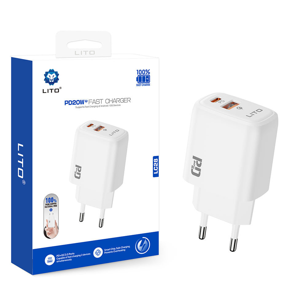 Punjač mreže Lito LC28, 20W, 3A, 1 x USB-A - 1 x USB-C, Bijeli