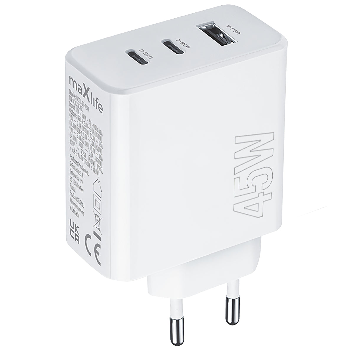 Punjač za mrežu MaXlife MXTC-07-45ACC, 45W, 3A, 1 x USB-A - 2 x USB-C, Bijeli