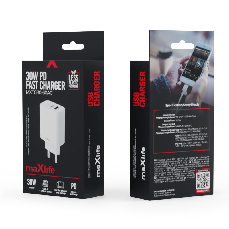 Punjač za mrežu MaXlife MXTC-10-30AC, 30W, 3A, 1 x USB-A - 1 x USB-C, Bijeli