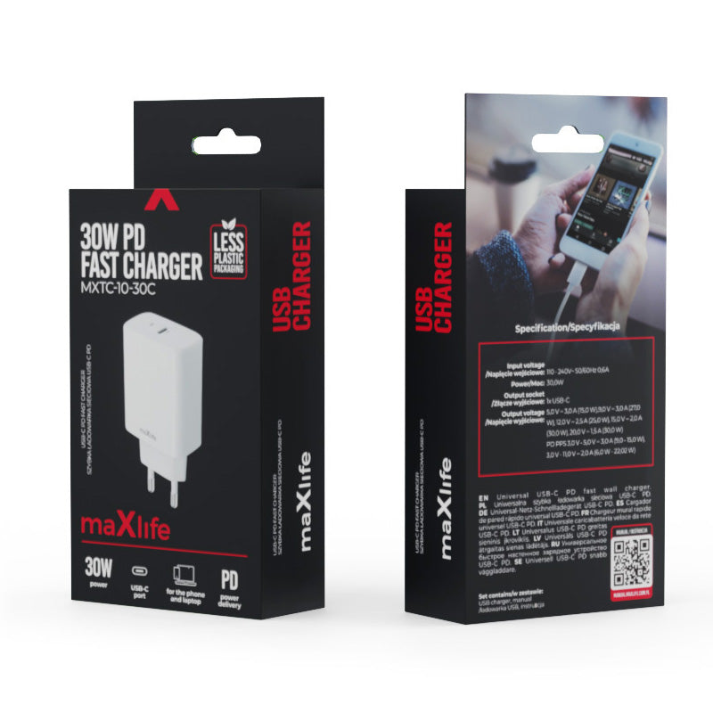 Punjač za mrežu MaXlife MXTC-10-30C, 30W, 3A, 1 x USB-C, Bijeli