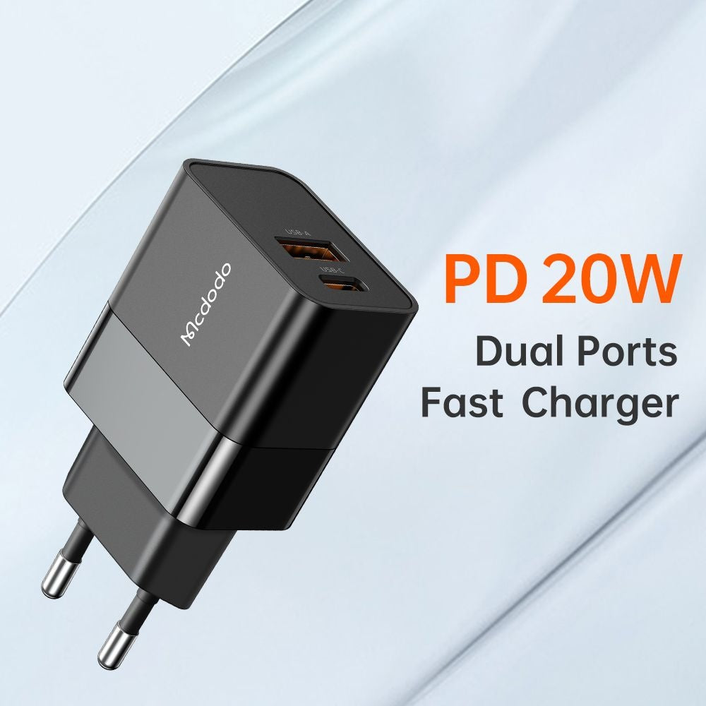 Mrežni punjač McDodo CH-1951 Hydrogen, 20W, 3A, 1 x USB-A - 1 x USB-C, Crni