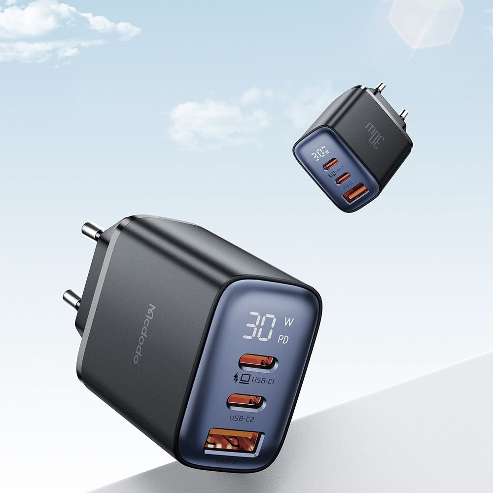 Mrežni punjač McDodo CH-2180 Display, 30W, 3A, 1 x USB-A - 2 x USB-C, Crni