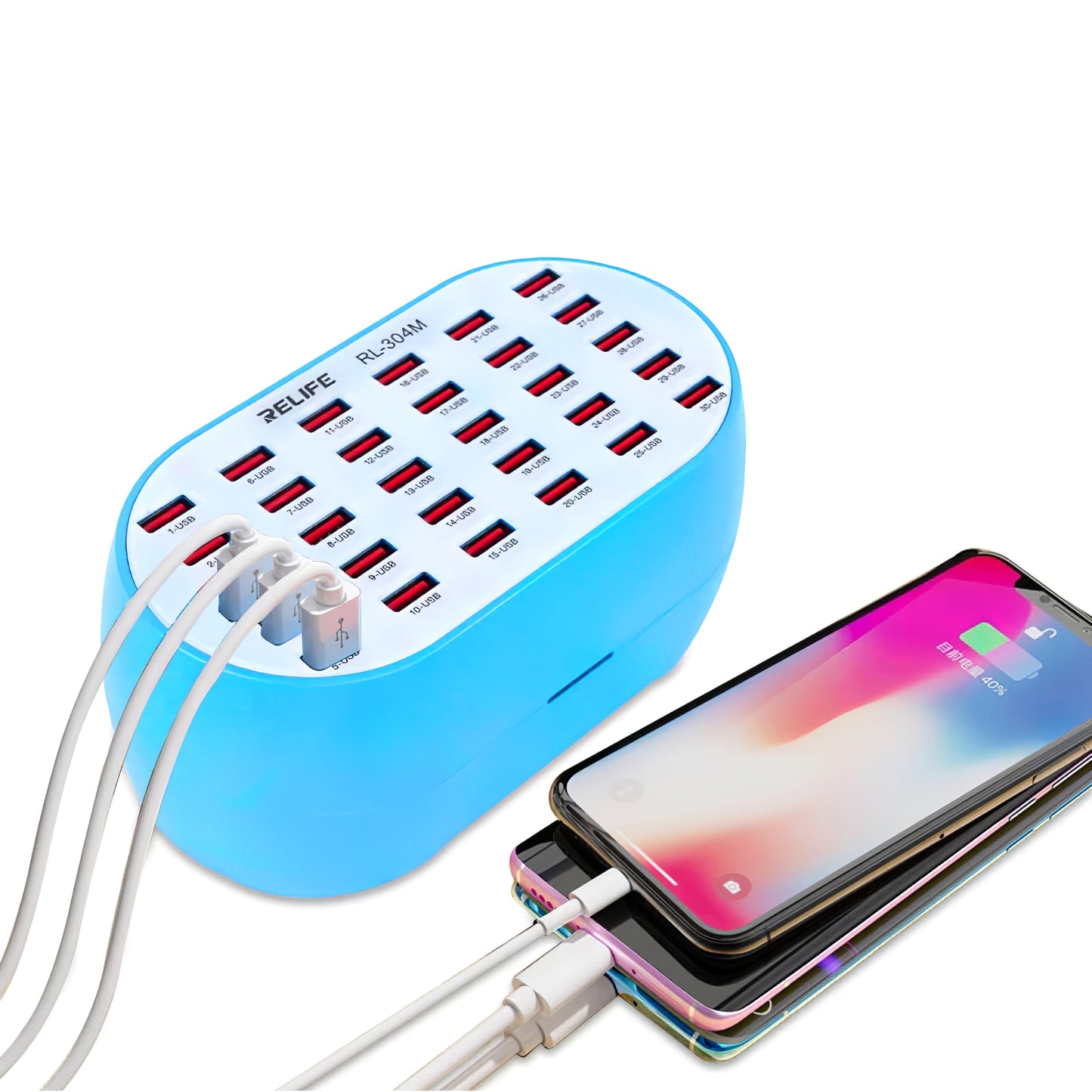 Punjač Stanica Relife RL-304M, 160W, 2.4A, 30 x USB-A, Plava