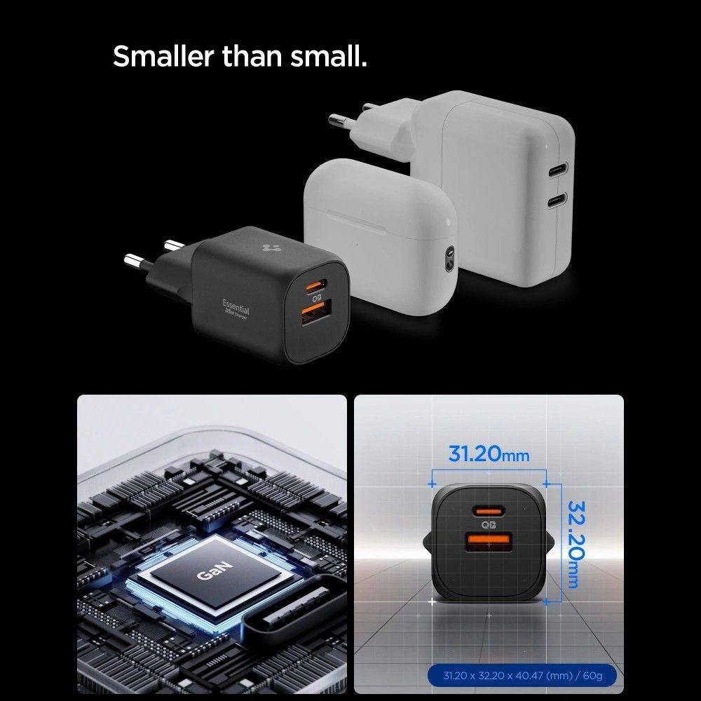 Punjač mreže Spigen Essential, 35W, 3A, 1 x USB-A - 1 x USB-C, Crni