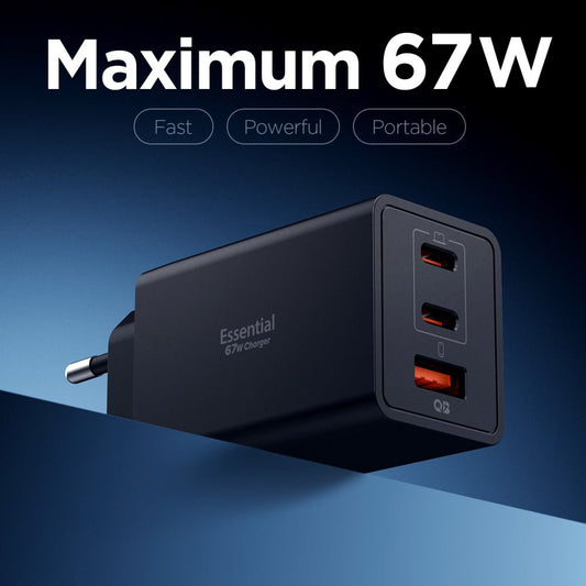 Punjač Spigen Essential, 67W, 3.25A, 1 x USB-A - 2 x USB-C, Crni