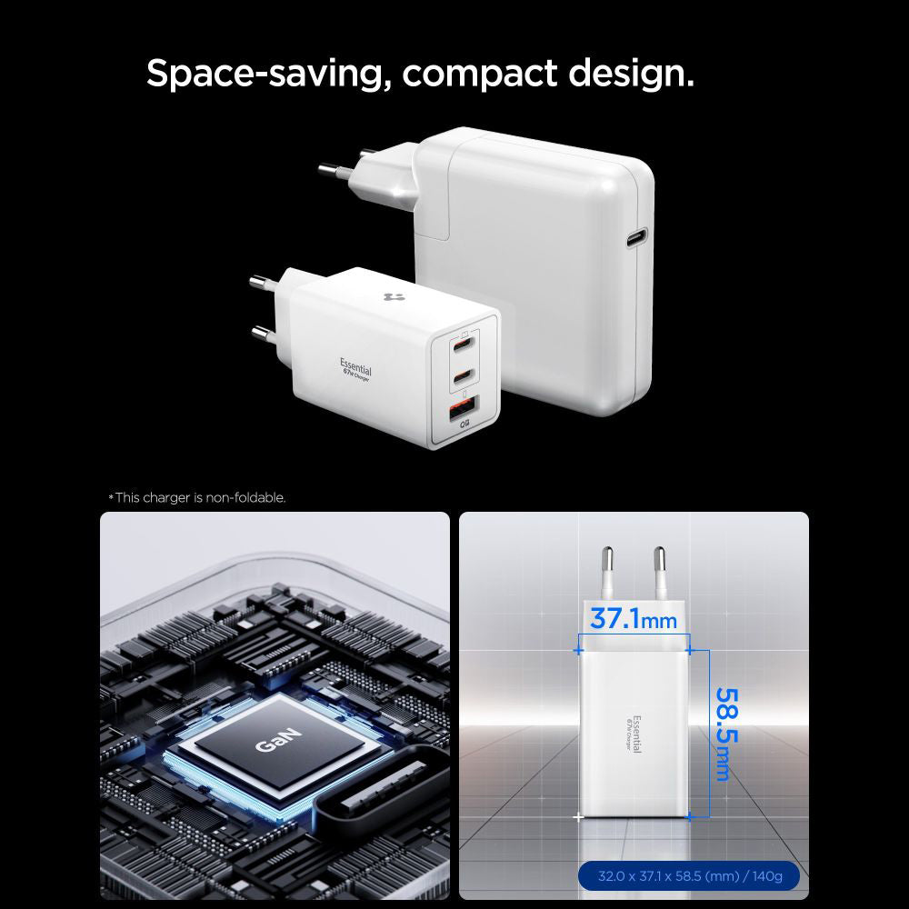 Mrežni punjač Spigen Essential, 67W, 3.25A, 1 x USB-A - 2 x USB-C, Bijeli ACH08710