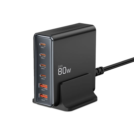 Punjač Stanica Tech-Protect DC80W, 80W, 3A, 2 x USB-A - 4 x USB-C, Crna