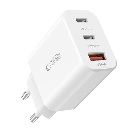 Punjač za mrežu Tech-Protect NC30W, 30W, 3A, 1 x USB-A - 2 x USB-C, Bijeli