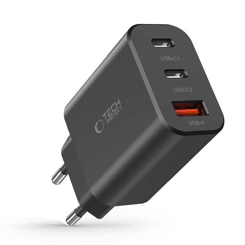 Punjač za mrežu Tech-Protect NC30W, 30W, 3A, 1 x USB-A - 2 x USB-C, Crni