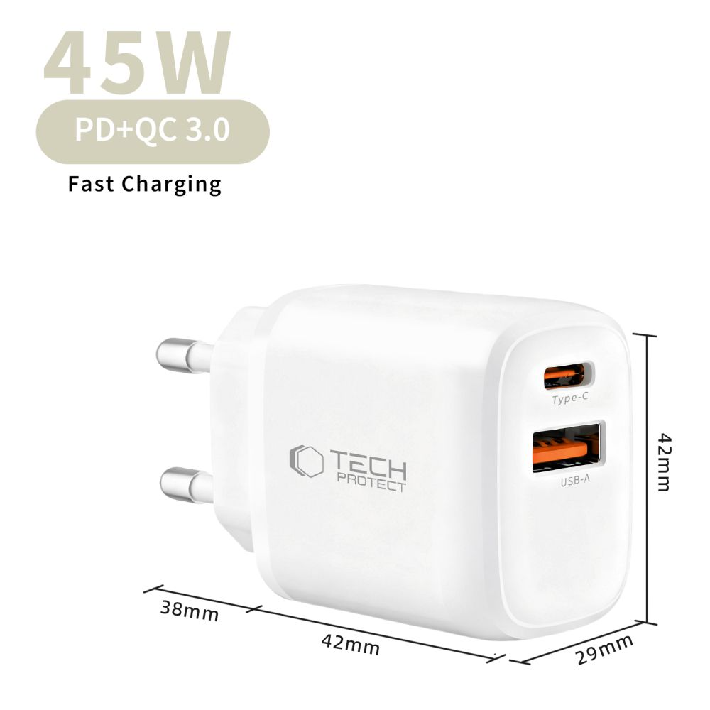 Punjač mreže Tech-Protect NCA45W, 45W, 3A, 1 x USB-A - 1 x USB-C, Bijeli