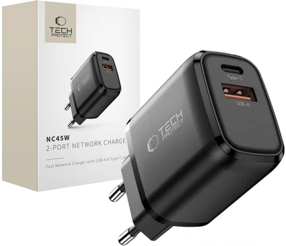 Mrežni punjač Tech-Protect NCA45W, 45W, 3A, 1 x USB-A - 1 x USB-C, Crni