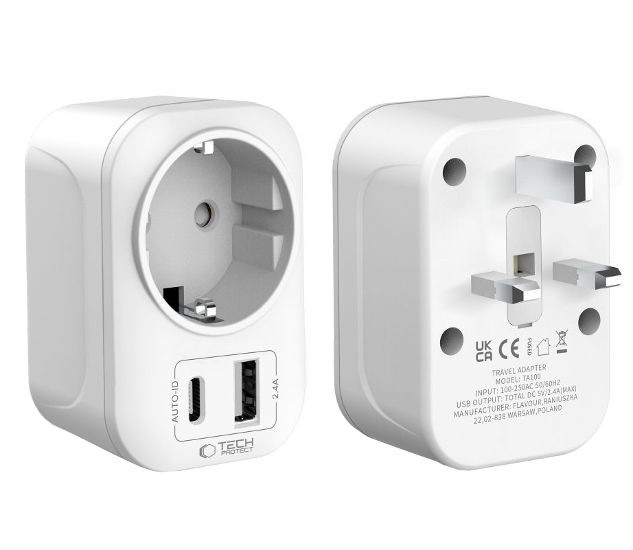 Punjač mreže Tech-Protect TA100 Travel UK, 20W, 3A, 1 x Schuko - 1 x USB-A - 1 x USB-C, Bijeli