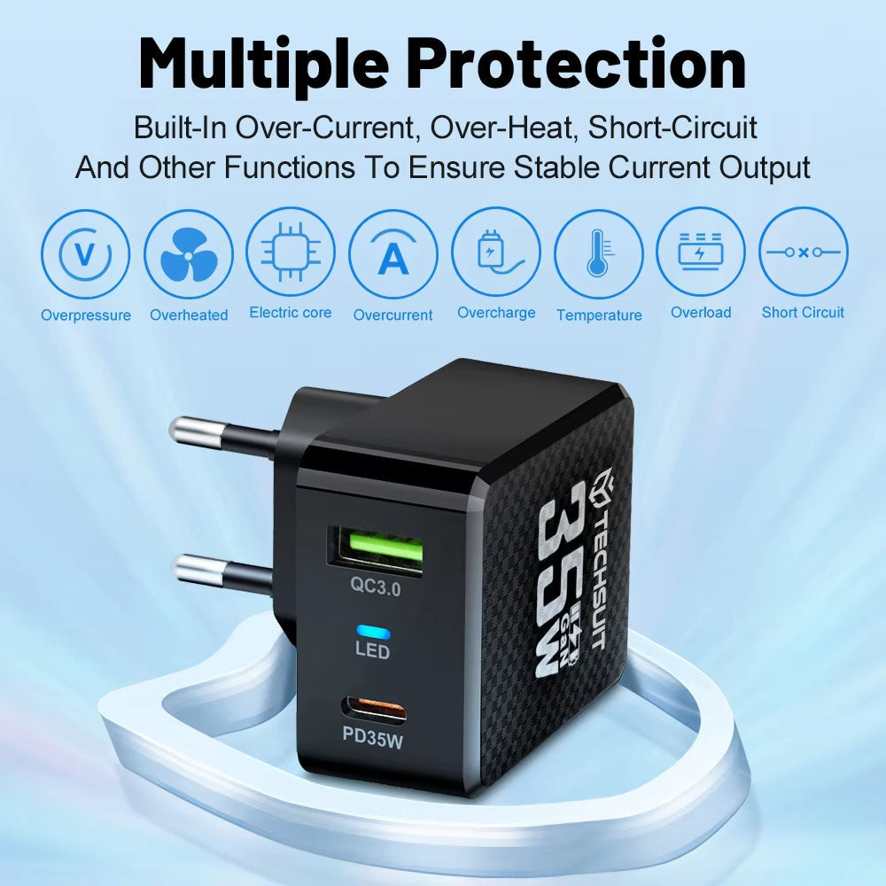 Punjač mreže Techsuit CHPD173 Tiny, 35W, 3A, 1 x USB-A - 1 x USB-C, Crni