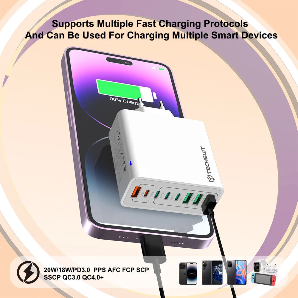 Mrežni punjač Techsuit CHPD224, 65W, 3.25A, 4 x USB-A - 4 x USB-C, Bijeli