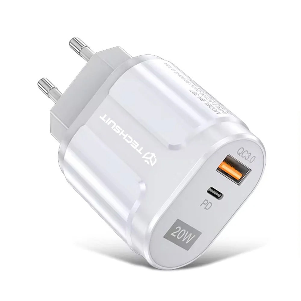 Punjač mreže Techsuit Premium, 20W, 3A, 1 x USB-A - 1 x USB-C, Bijeli