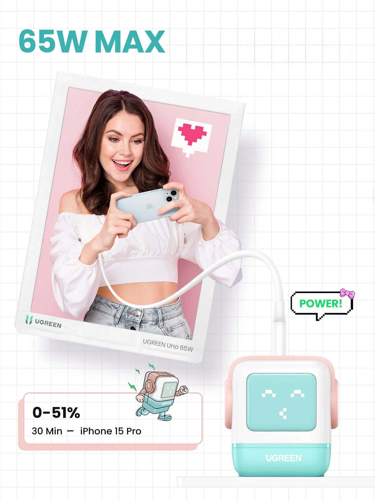 Punjač mreže UGREEN CD361 Uno, 65W, 3.25A, 1 x USB-A - 2 x USB-C, Tirkiz