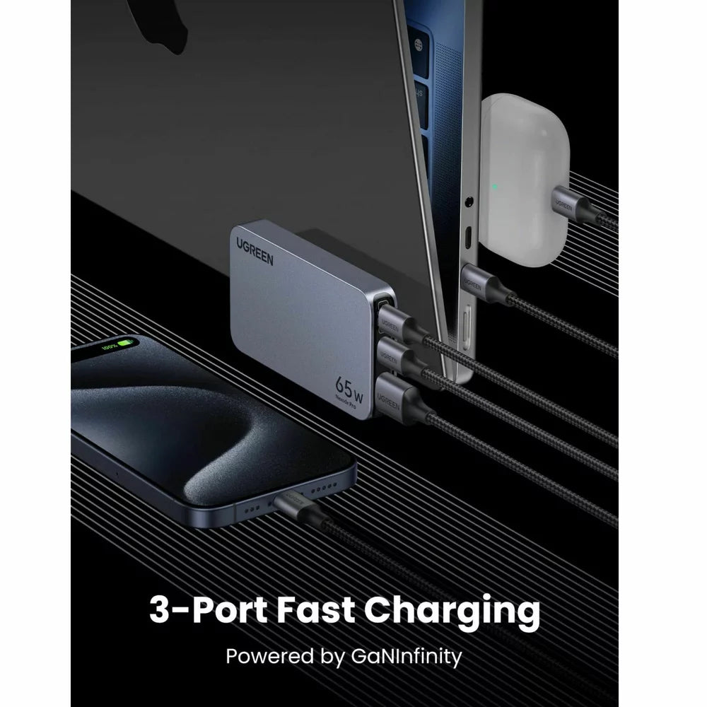 Punjač za mrežu UGREEN X753 Nexode Pro, 65W, 3A, 1 x USB-A - 2 x USB-C, Sivi