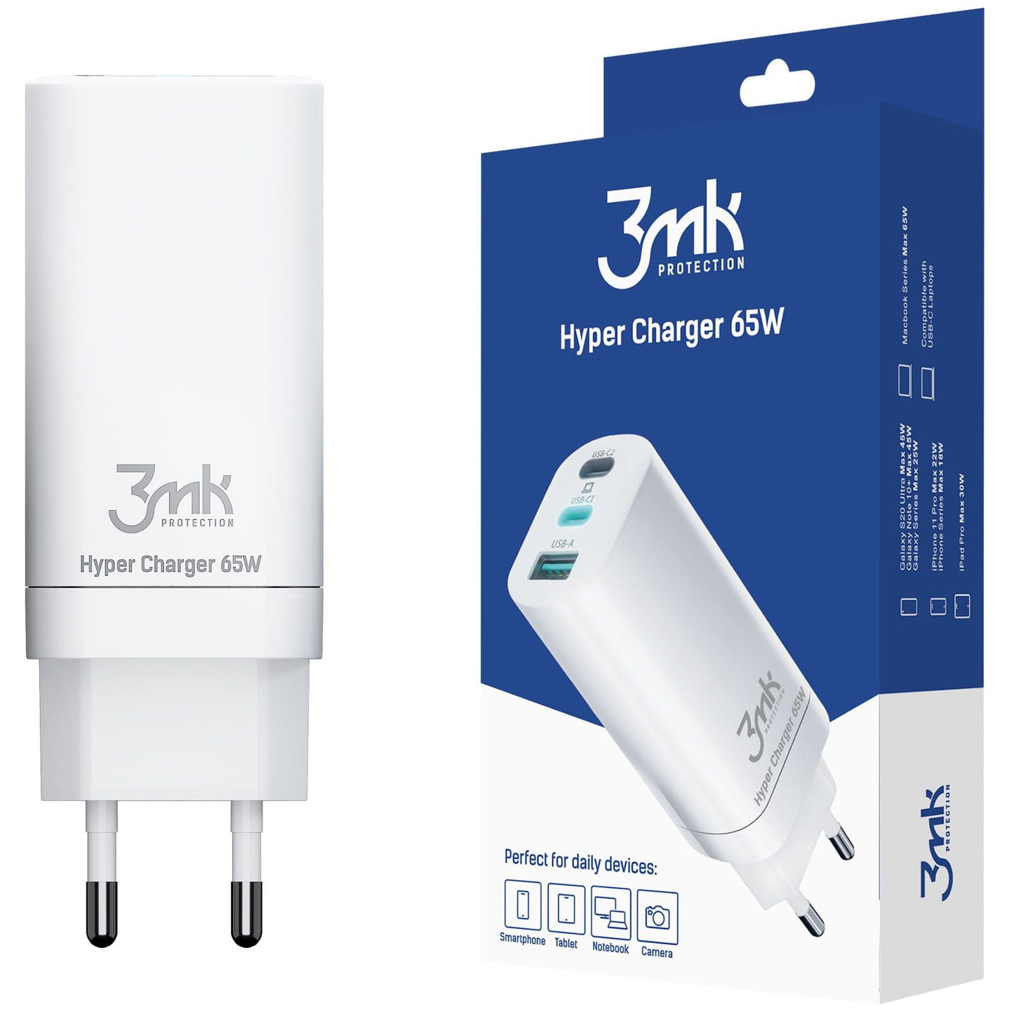 Mrežni punjač 3MK HyperCharger, 65W, 5A, 1 x USB-A - 2 x USB-C, Bijela