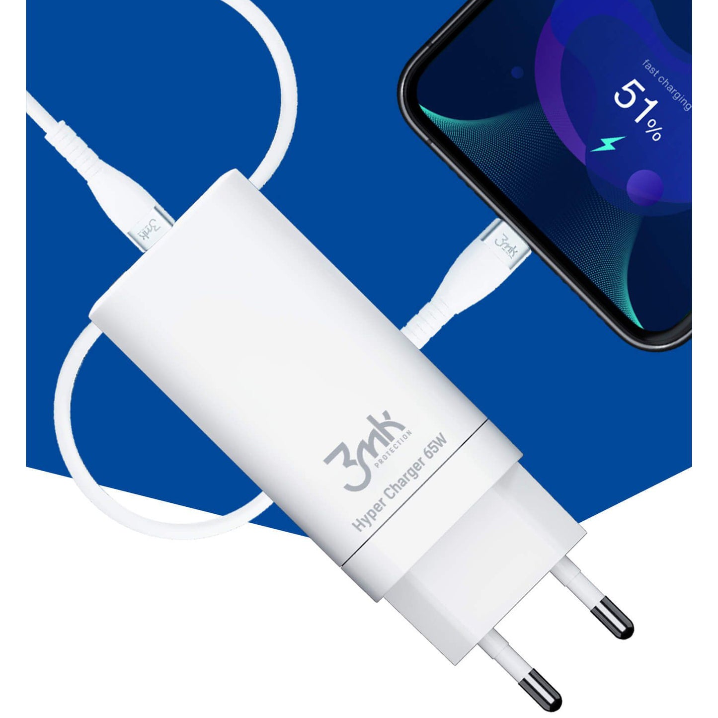Mrežni punjač 3MK HyperCharger, 65W, 5A, 1 x USB-A - 2 x USB-C, Bijela