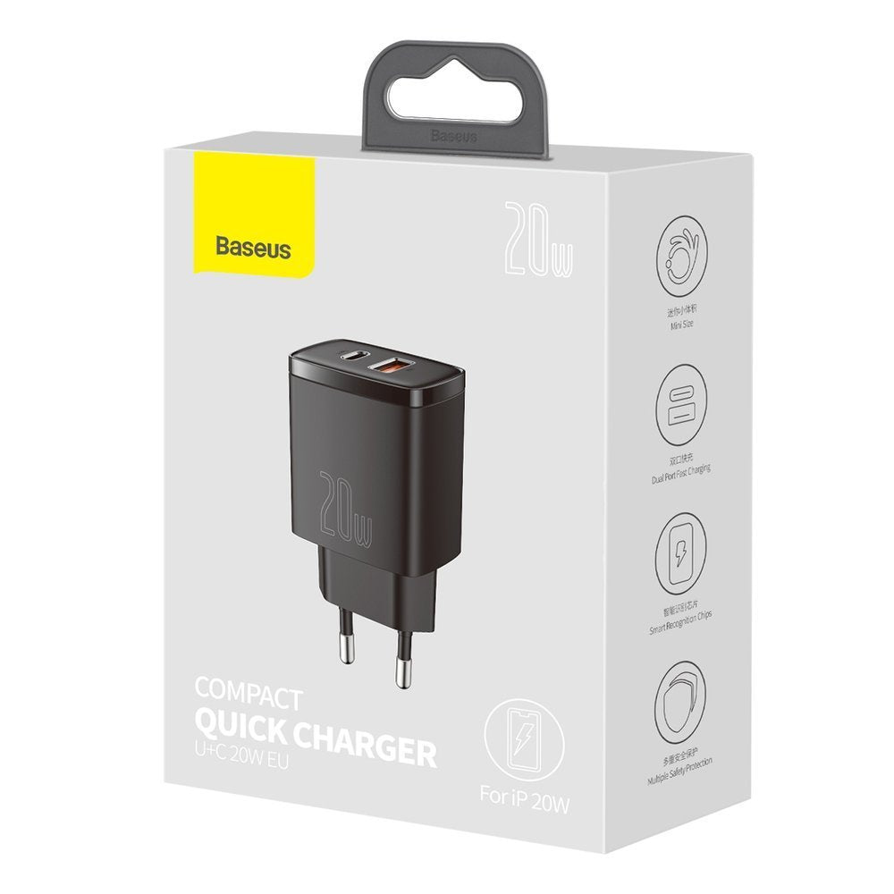 Mrežni punjač Baseus Compact, 20W, 3A, 1 x USB-A - 1 x USB-C, Crni CCXJ-B01