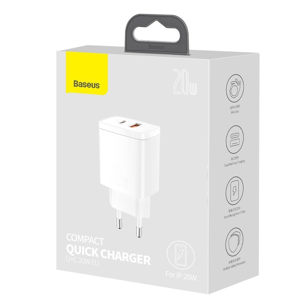 Punjač Baseus Compact, 20W, 3A, 1 x USB-A - 1 x USB-C, Bijeli CCXJ-B02