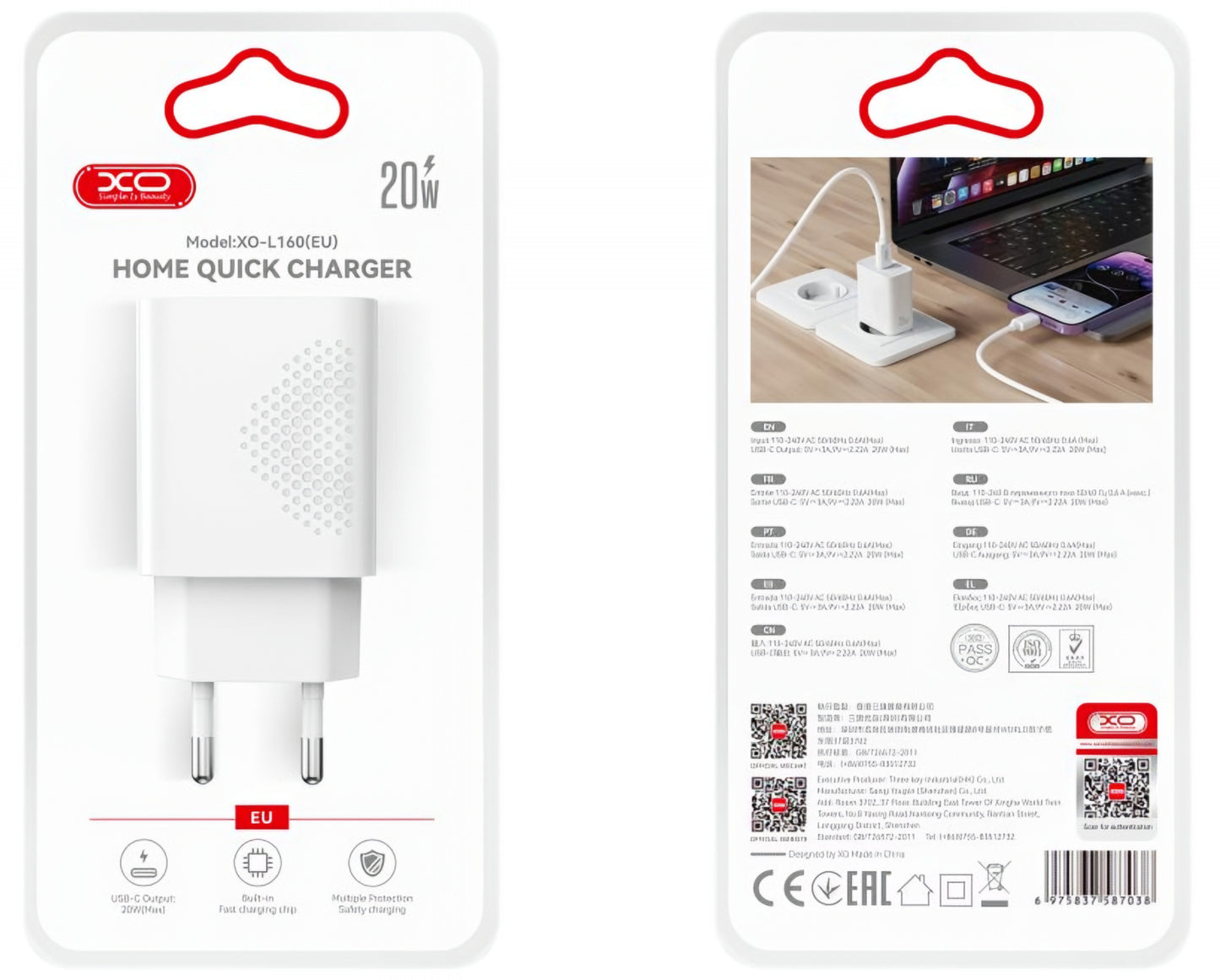 Punjač mreže USB-C XO Design L160, 20W, 3A, 1 x USB-C, Bijeli