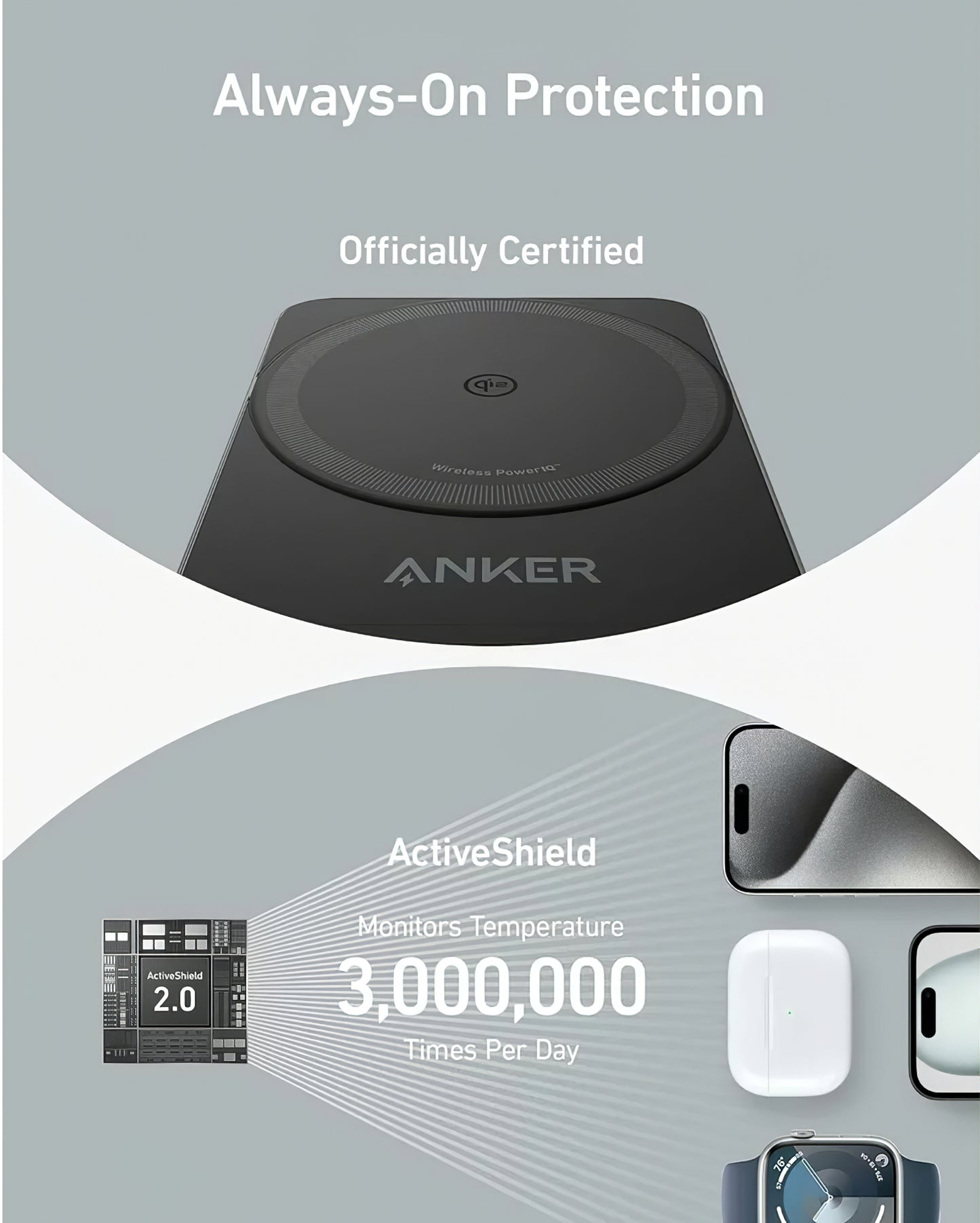 Bežični punjač Anker MagGo 3in1, 15W, 1.67A, Crni, Ponovno zapakiran B2557311