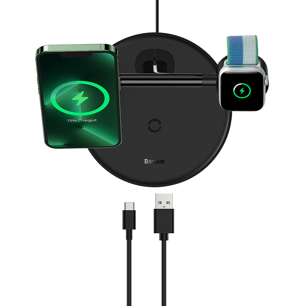 Bežični punjač Baseus Swan 3in1, 15W, 1.67A, Crni WXTE000101