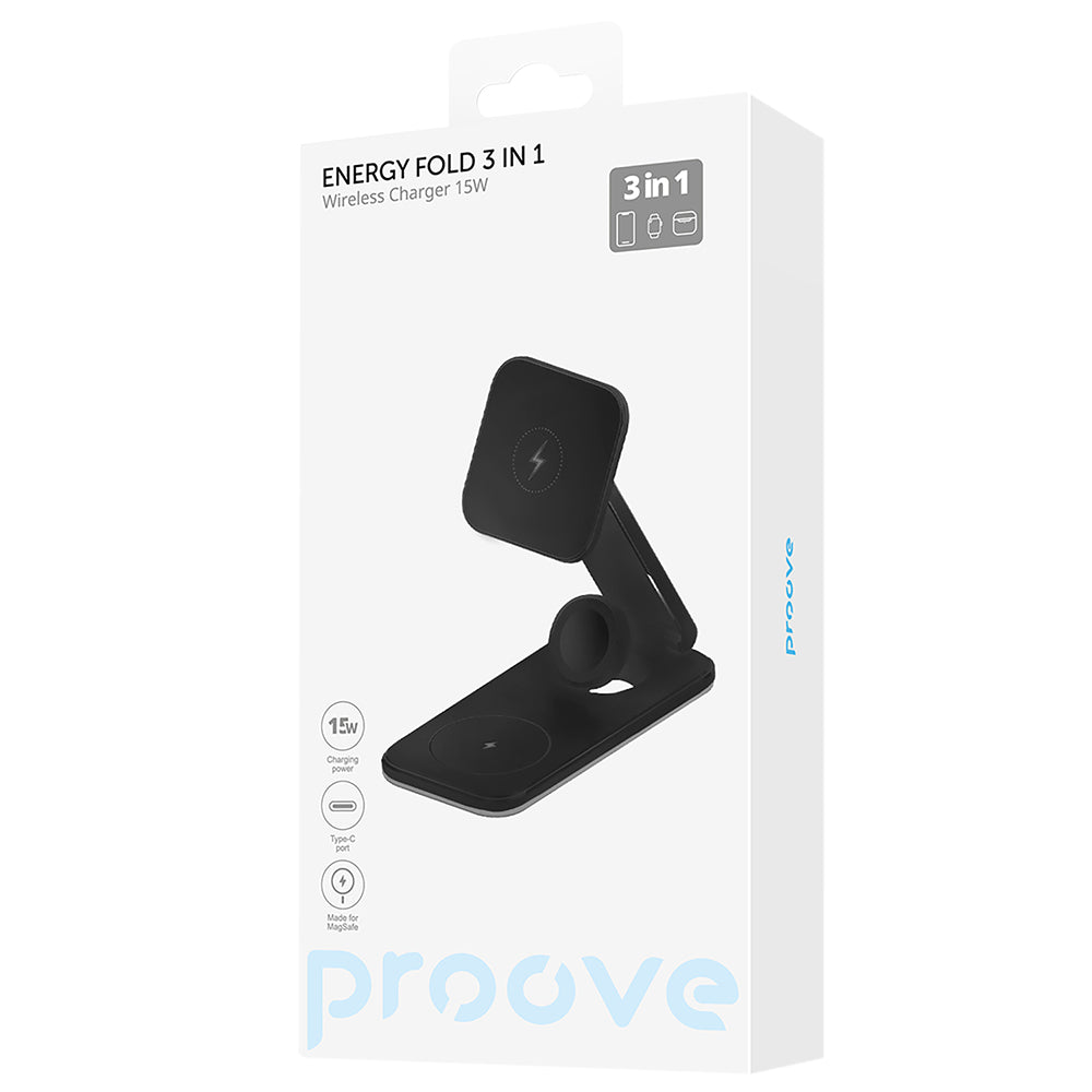 Bežični punjač Proove Energy Fold 3in1, 15W, 1.67A, Crni WSEF15010001