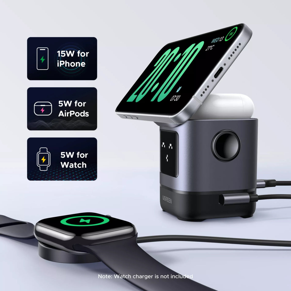 Bežični punjač UGREEN W709 Uno 2in1, 15W, 1.67A, Crni