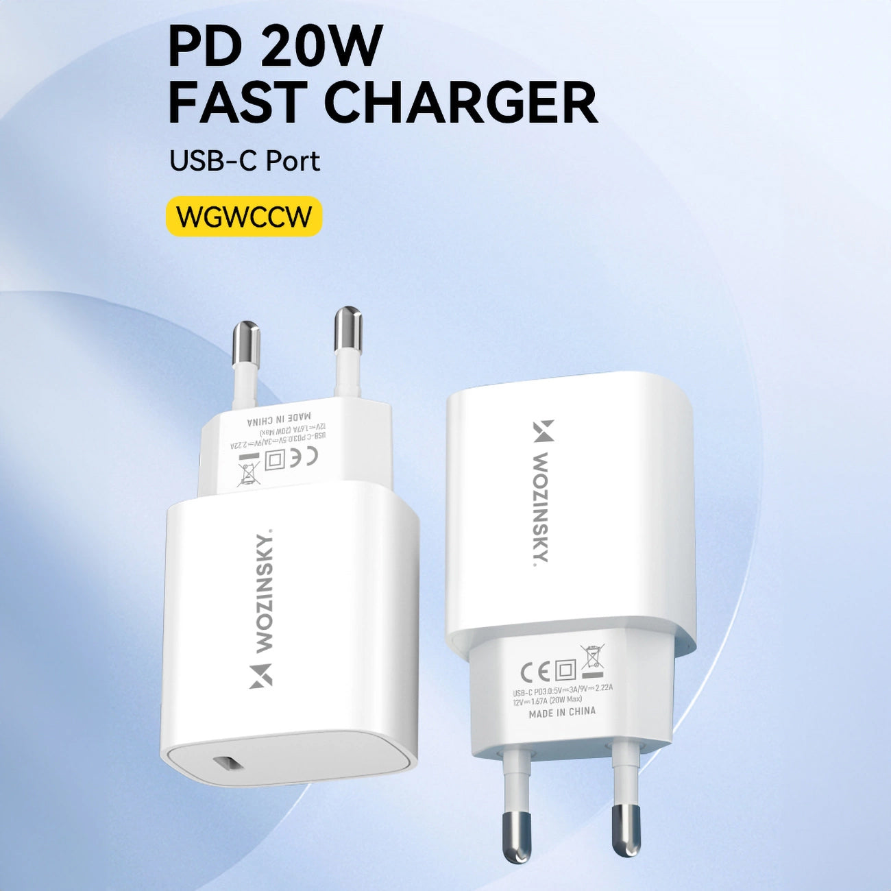 Mrežni punjač WZK WGWCCW, 20W, 3A, 1 x USB-C, Bijela