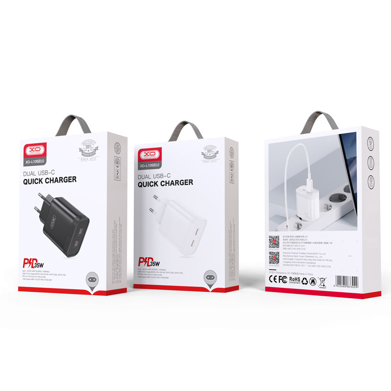 Punjač za mrežu XO Design L105, 35W, 3A, 2 x USB-C, Bijeli