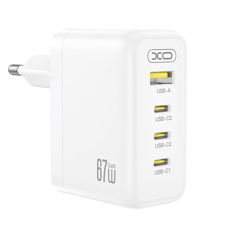 XO Design CE39 mrežni punjač, 67W, 3A, 1 x USB-A - 3 x USB-C, Bijela