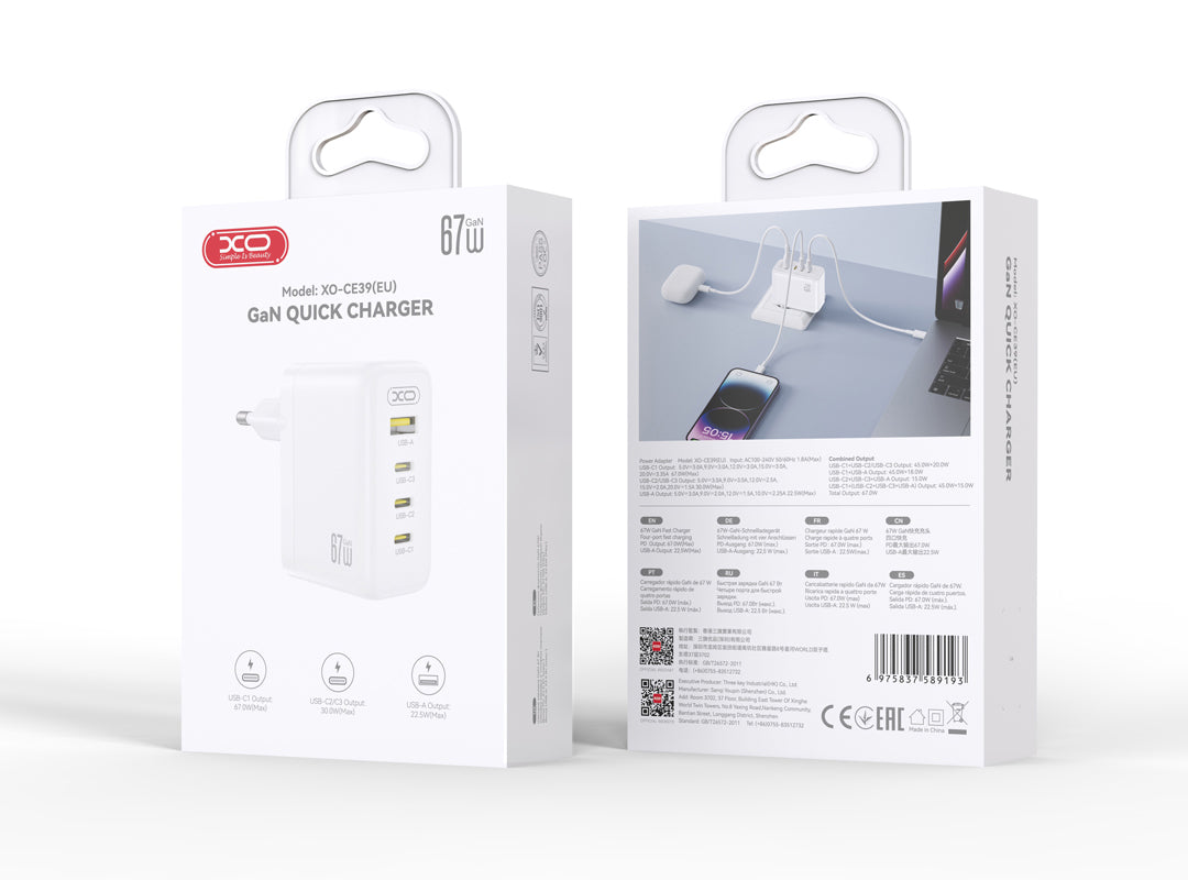 XO Design CE39 mrežni punjač, 67W, 3A, 1 x USB-A - 3 x USB-C, Bijela
